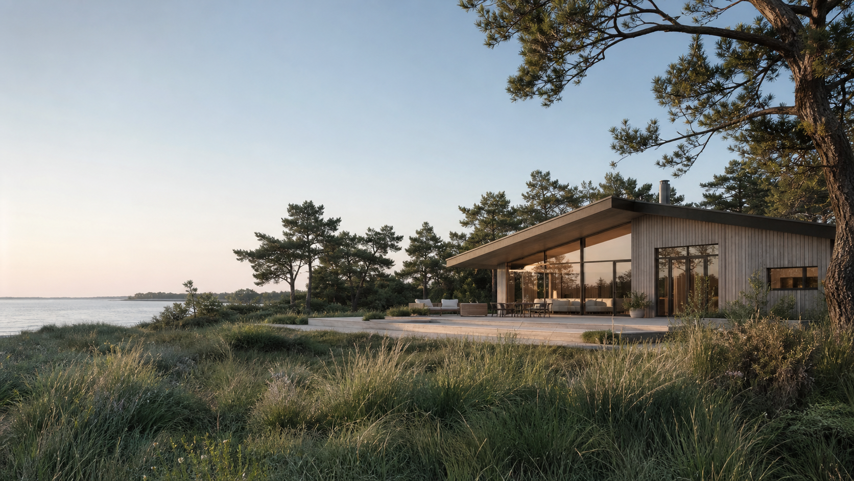 Eksklusivt sommerhus i roligt morgenlys